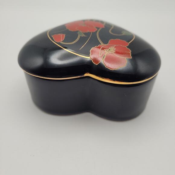 Heart Shaped Trinket Box Black Red Floral Dark Romantic Decor Fine China Japan - Picture 7 of 8